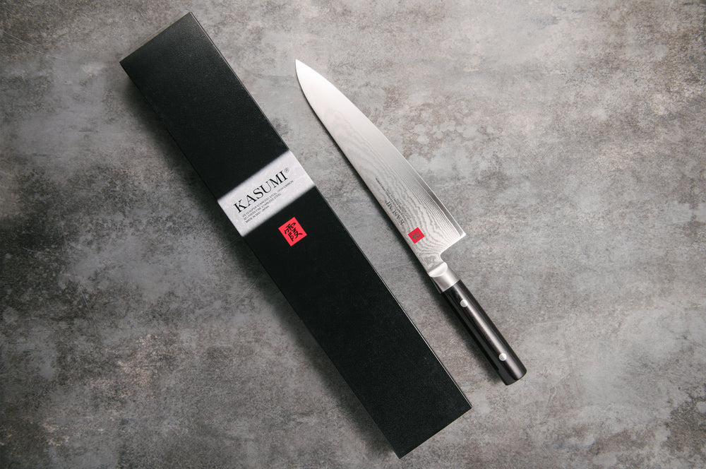 
                  
                    Load image into Gallery viewer, Kasumi Damascus Gyuto 240mm kitchen knife
                  
                